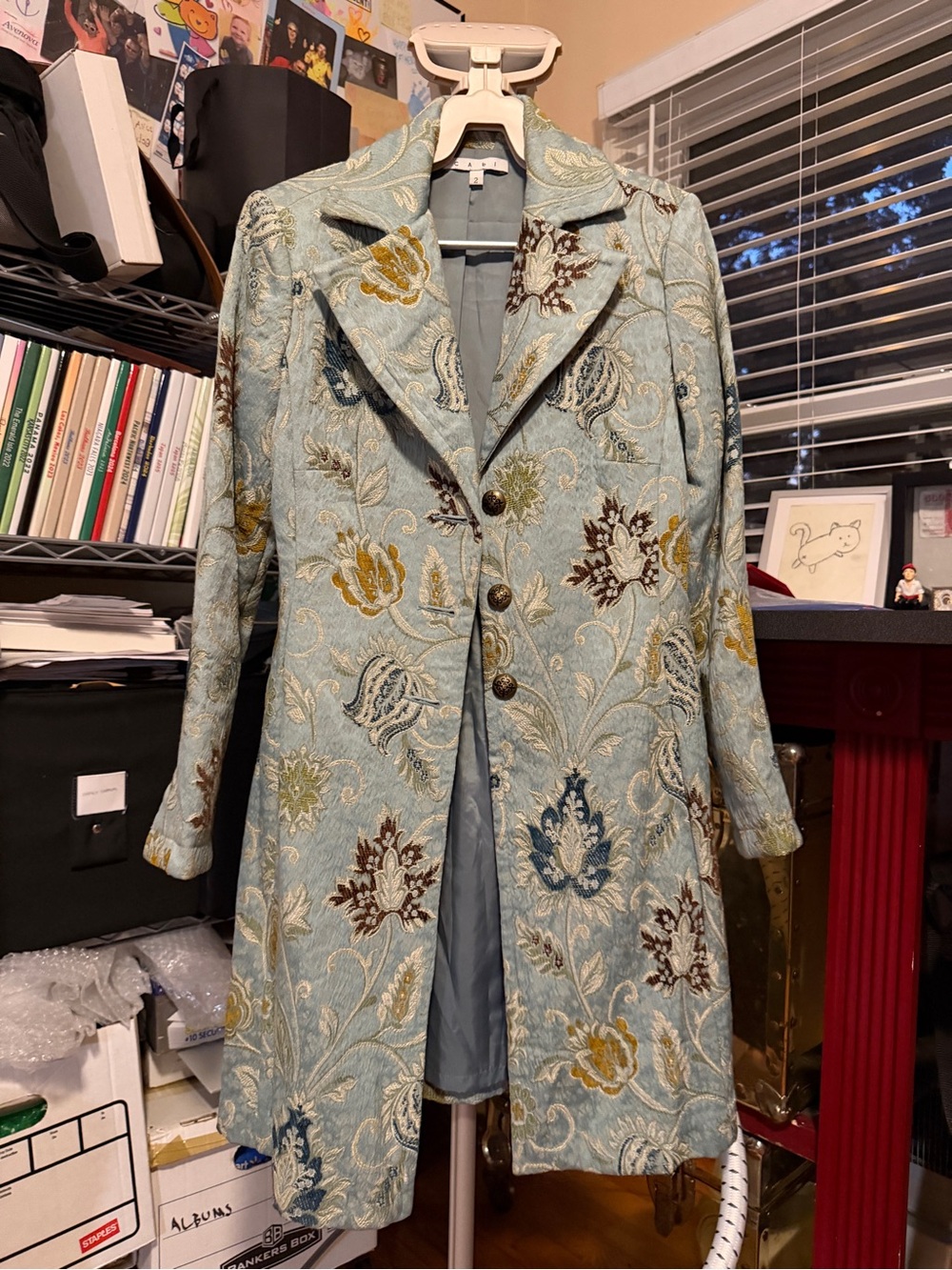 Vintage Cabi Light Blue Floral Brocade pea coat - Elegant Statement Jacket